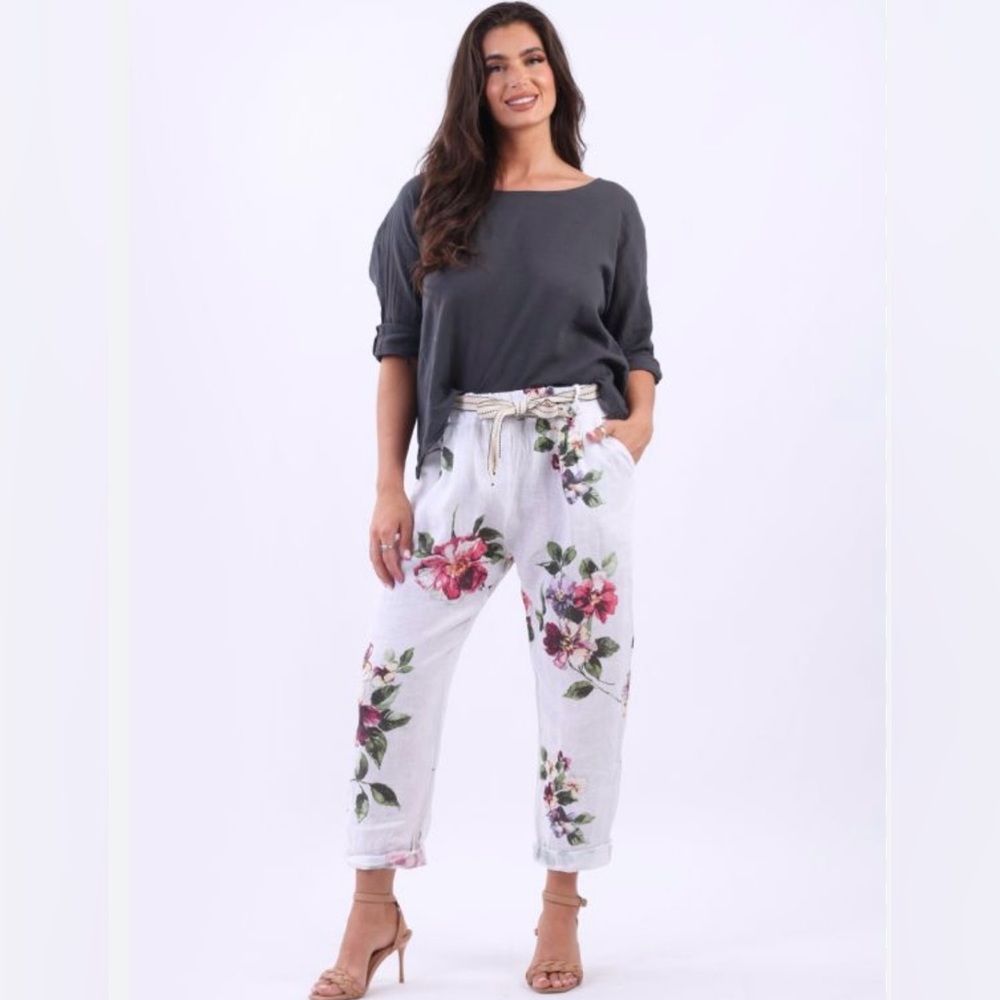 Italian Floral Print Elastic Waist Side Pockets 100% Linen Women’s Size 10/12